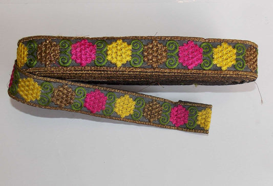 1m 30mm multi colour grey & gold FOLK floral embroidered ribbon