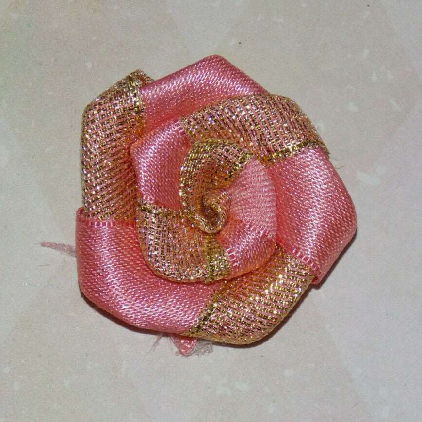 1x Gold glitter peach 4cm ribbon flower applique