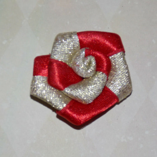 1x Gold glitter red 4cm ribbon flower applique