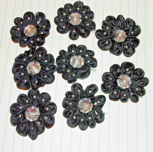 10x Black satin jewelled flower applique