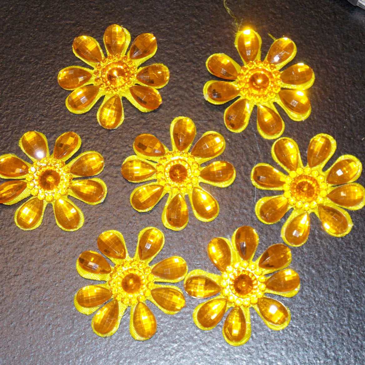 10x Golden Yellow 4.5cm satin jewelled flower applique