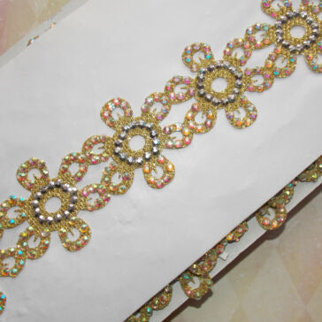 1m 4.5cm Metallic gold flower lace applique with crystals