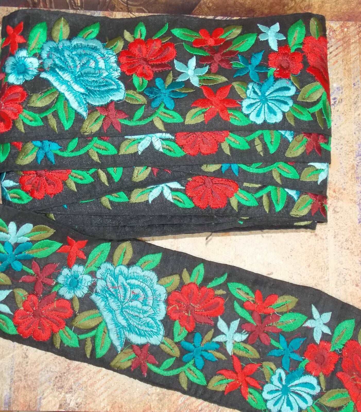 1x 9.5cm black multi colour flower indian embroidered ribbon