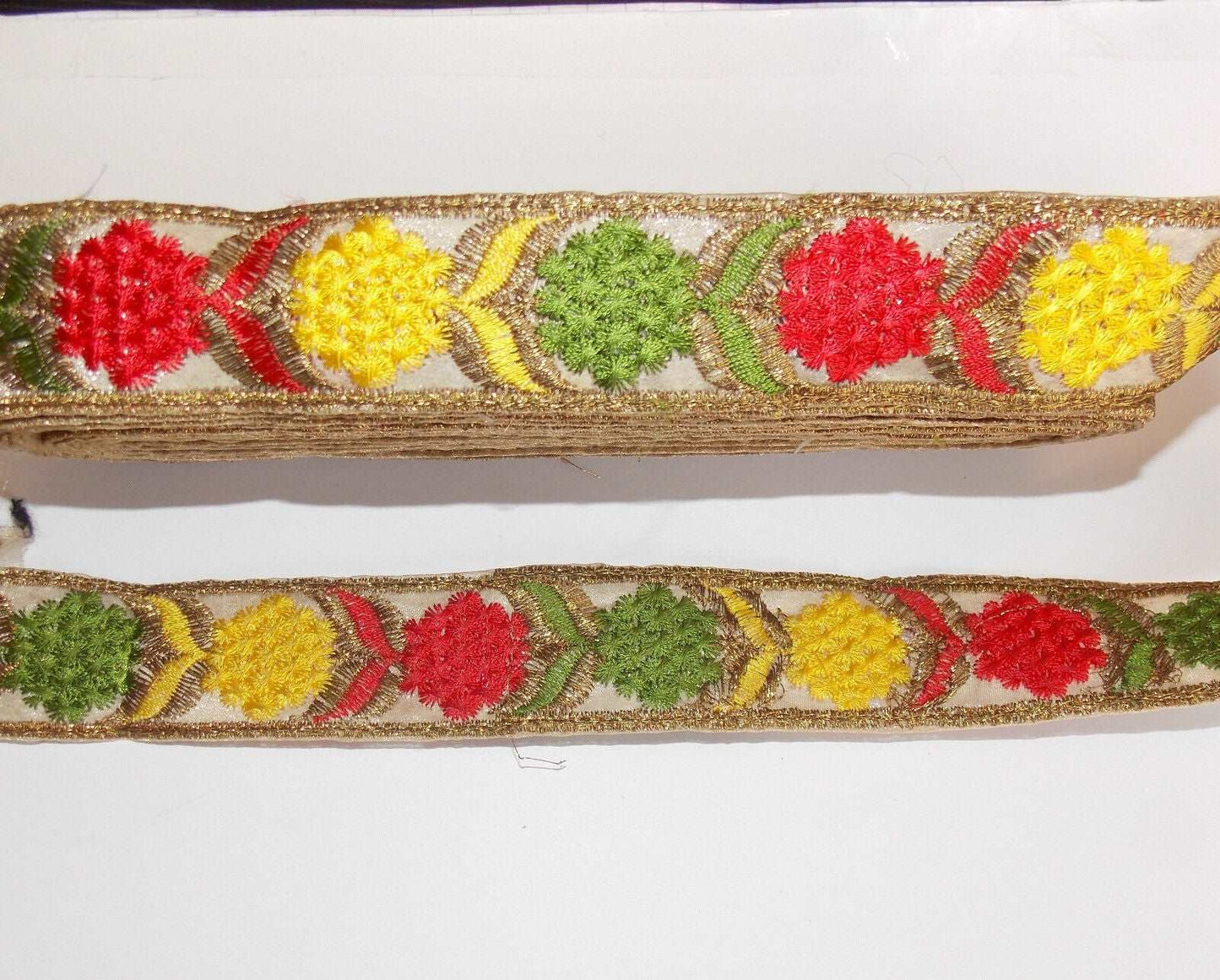 1m 30mm multi colour beige & gold FOLK floral embroidered ribbon