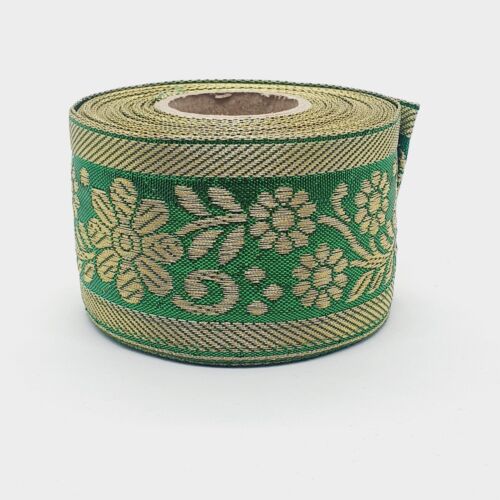 1m 50mm green & gold paisley  acquard embroidered ribbon