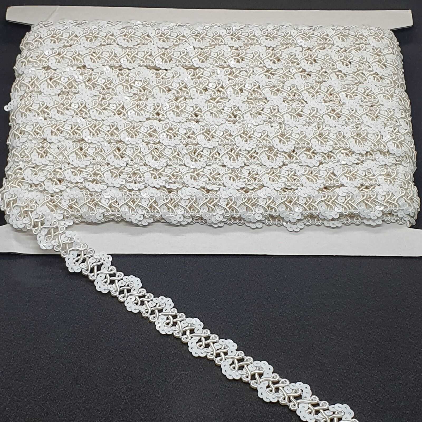 1m ivory white sequin gimp embroidered loop braid 20mm upholstery & clothing