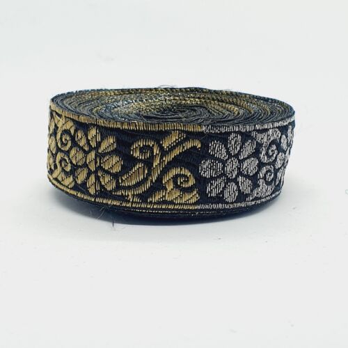 1m 27mm black silver & gold jacquard embroidered ribbon