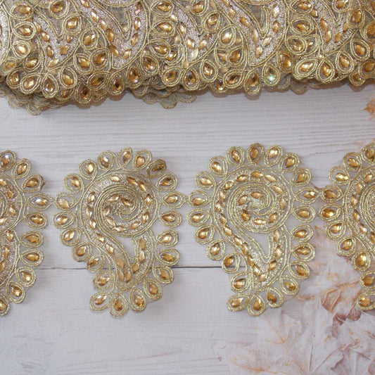 1m 10.5cm Metallic gold paisley lace applique with gold crystals