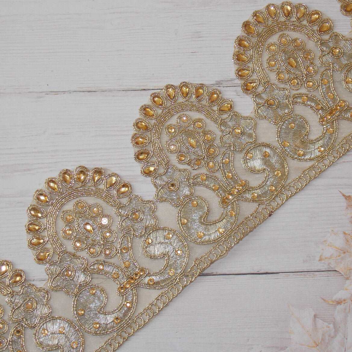 1m 10.5cm Metallic gold paisley lace applique with gold crystals