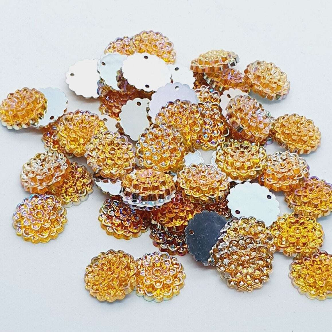 10x 16mm gold AB acrylic textured flower sew on rhinestone gem round