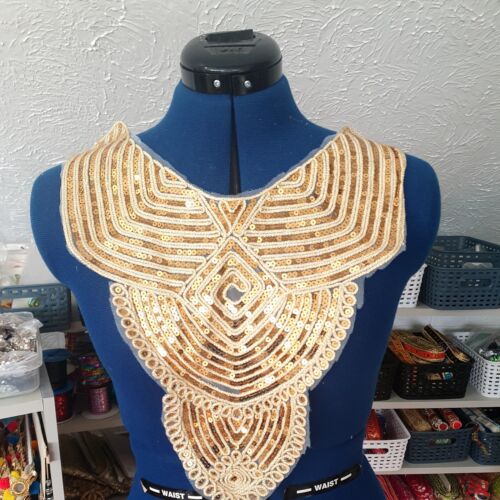 1x Gold couched embroidered sequin applique collar/ neckline