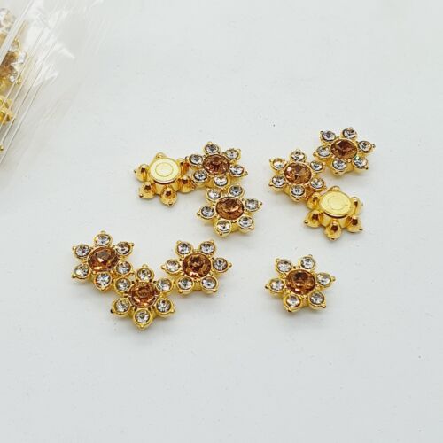 5x 12mm gold CLEAR & GOLD glue on rhinestone gem flower shape