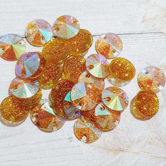 10x 14mm gold AB glitter acrylic sew on rhinestone gem round/ rivoli