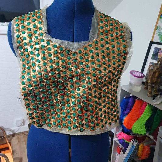 1x GOLD & GREEN sequin applique patch/ collar/ neckline