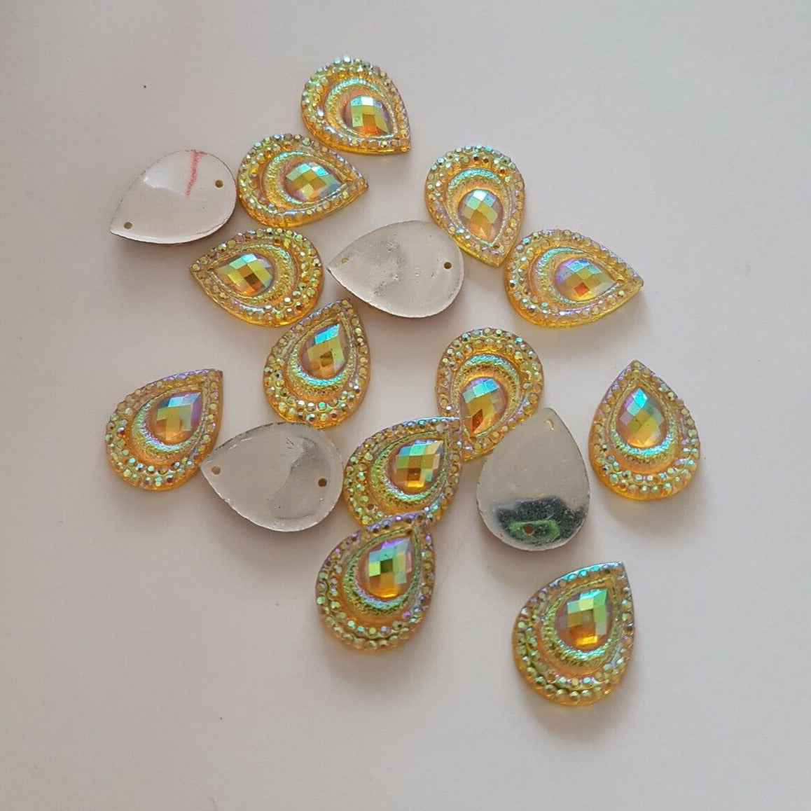 10x 18mm Gold AB peacock textured acrylic sew on rhinestone gem pear drop