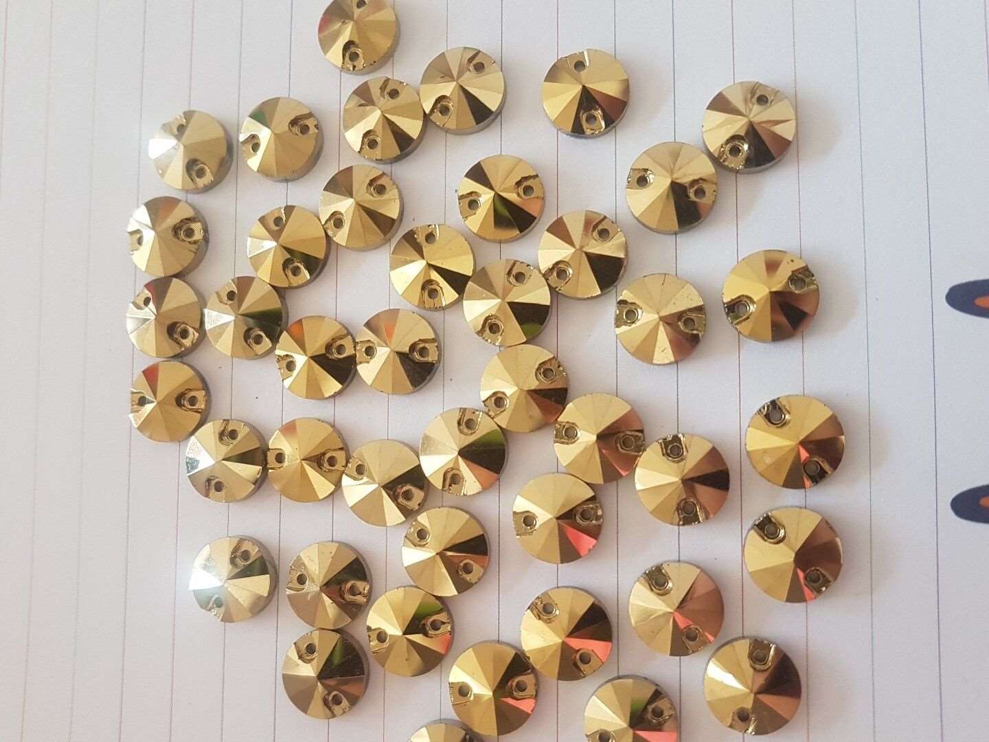 2x 12mm GOLD rivoli sew on glass crystal gem