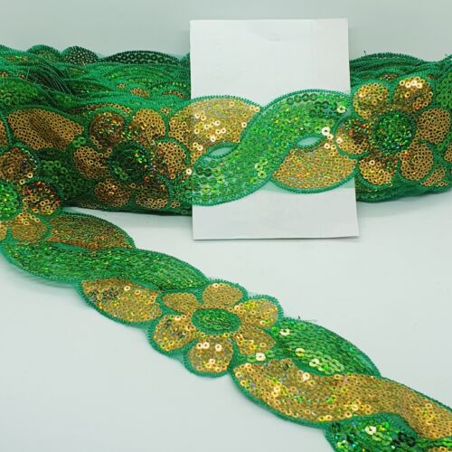 1m 6cm flower net lace with green & gold hologram sequins