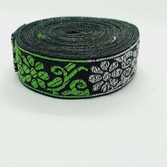 1m 27mm black silver & green jacquard embroidered ribbon