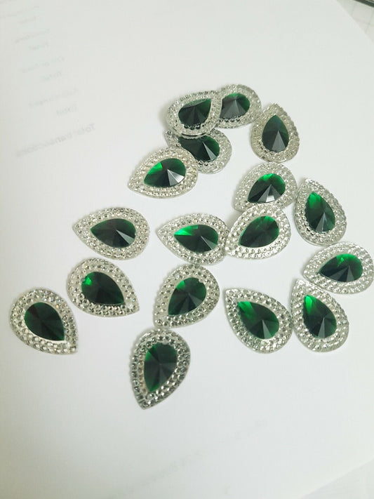 10x 18mm green & clear textured acrylic sew on rhinestone gem pear drop