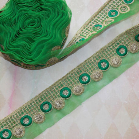 1m 5.5cm green gold embroidered net lace