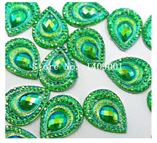 10x 18mm Green AB peacock textured acrylic sew on rhinestone gem pear drop