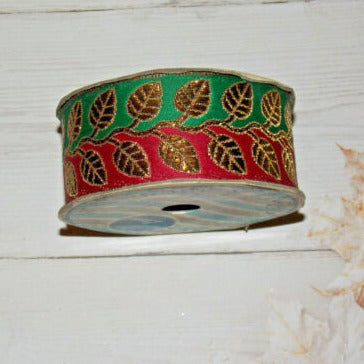 1m 45mm metallic gold bronze & green & wine embroidered ribbon