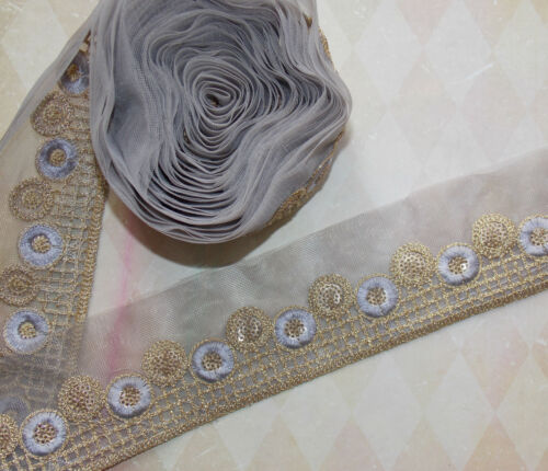 1m 5.5cm grey gold embroidered net lace