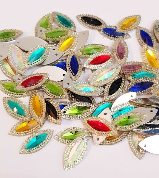 10x 20mm multi & clear textured acrylic sew on rhinestone gem horse eye