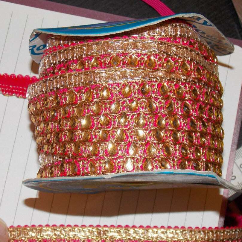 1m hot pink gold crystal jewelled trim braid 15mm