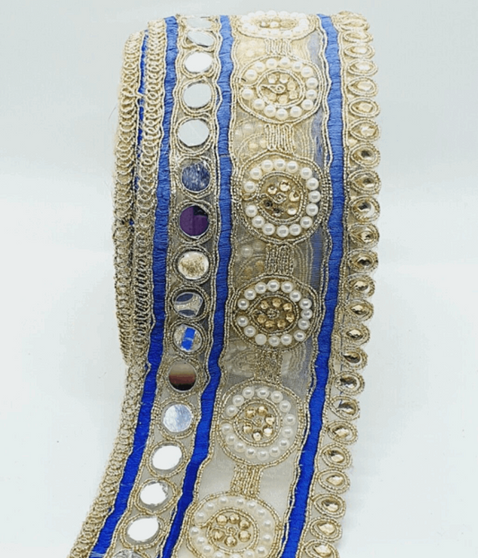 1m 8cm blue & gold crystal lace indian embroidered ribbon with pearls and mirror