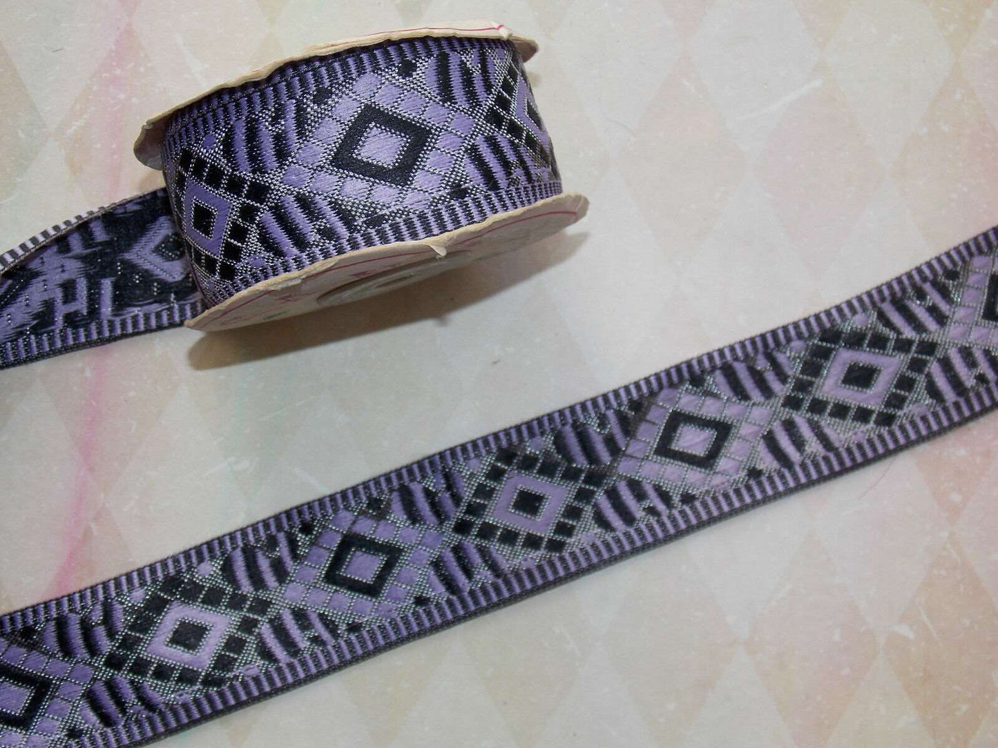 1x 35mm indian lilac black embroidered ribbon