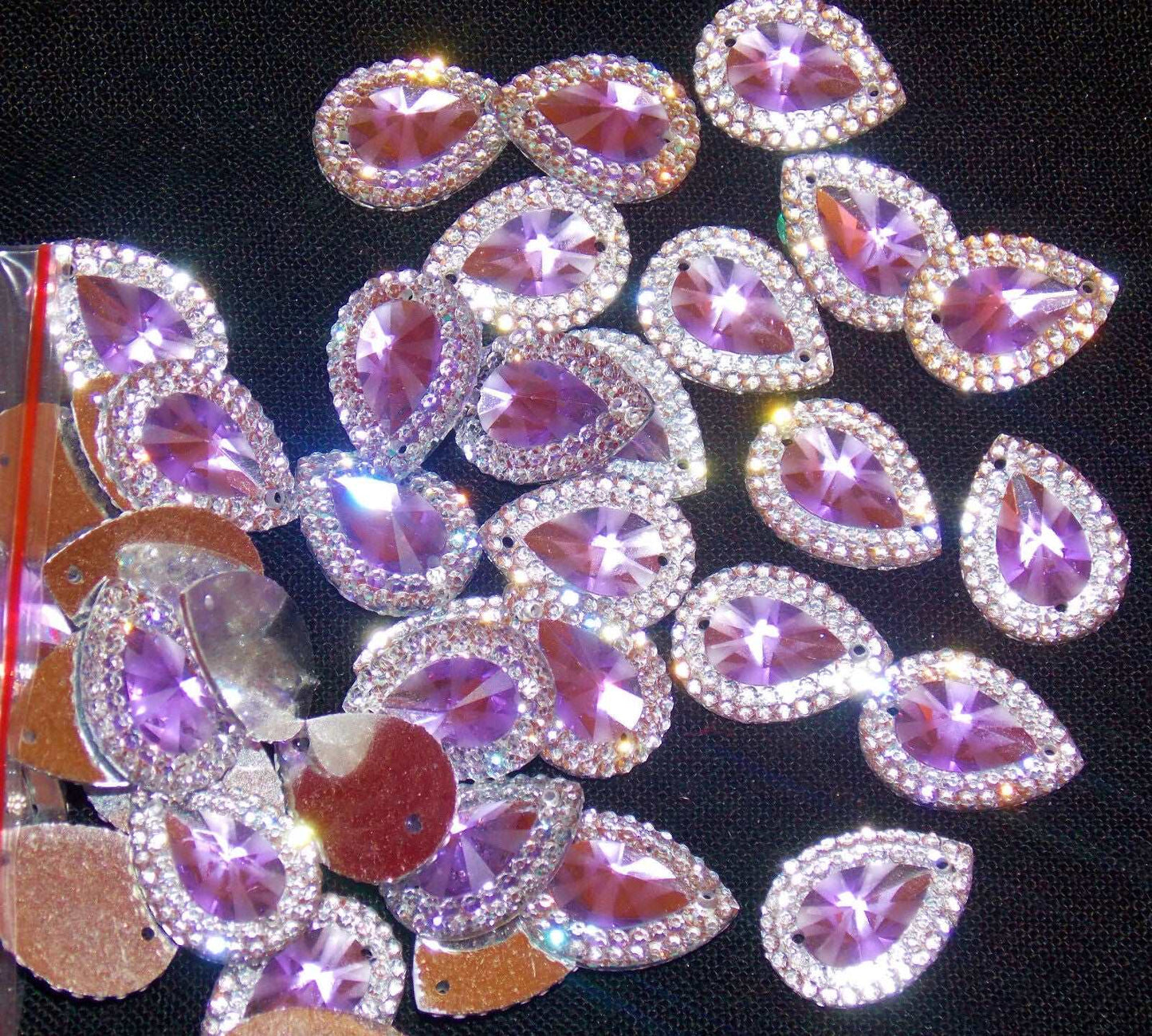 10x 18mm lilac & clear textured acrylic sew on rhinestone gem pear drop