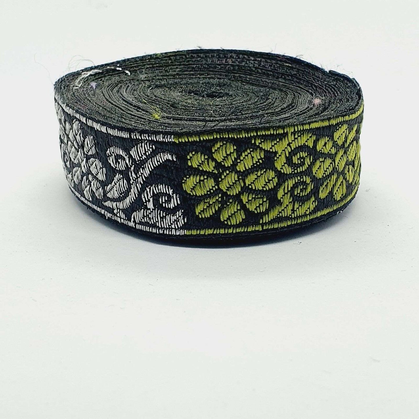 1m 27mm black silver & lime jacquard embroidered ribbon