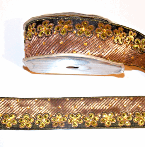 1m 30mm lime gold metallic embroidered CRYSTAL ribbon