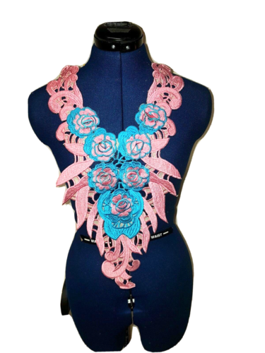 1x pink blue embroidered 3D flower applique patch/ collar/ neckline