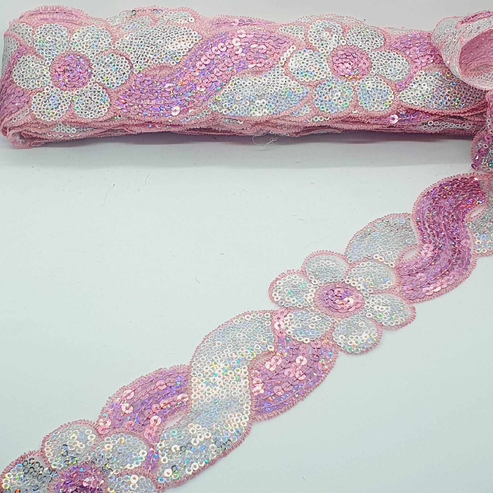 1m 6cm flower net lace with pink & silver hologram sequins