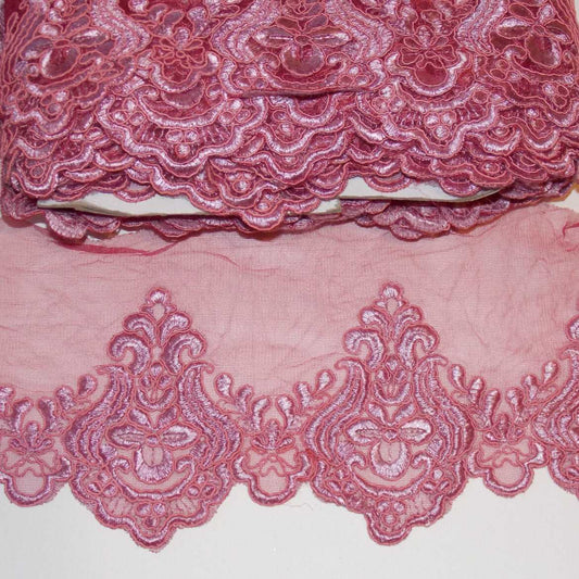 1m 14.5cm mauve & wine embroidered net lace floral scallop edge