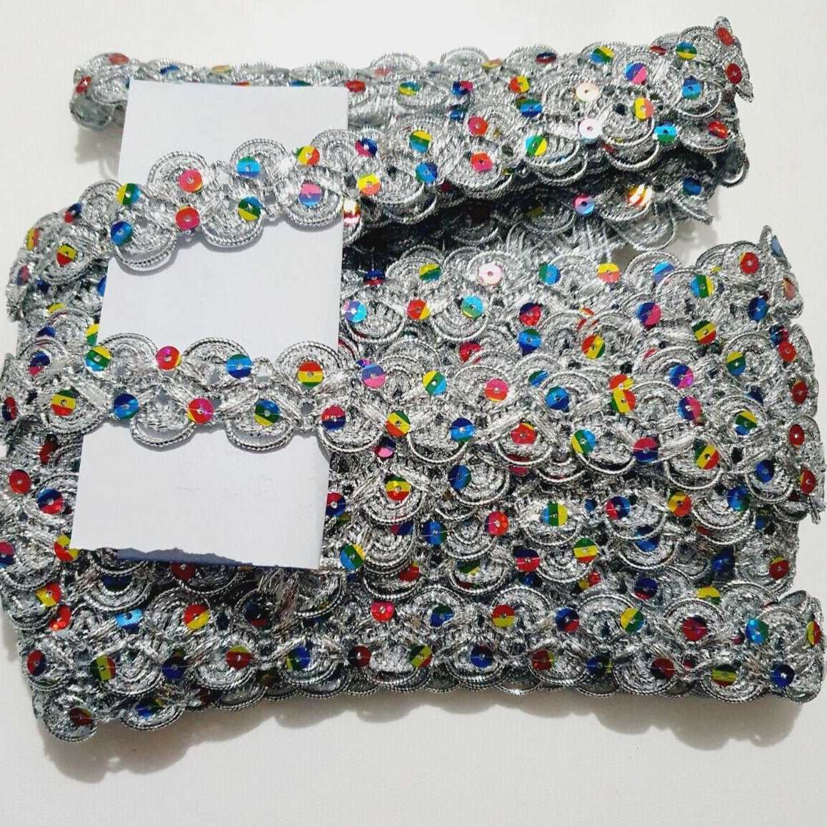 25mm metallic silver rainbow hologram sequin looped edge braid trimming