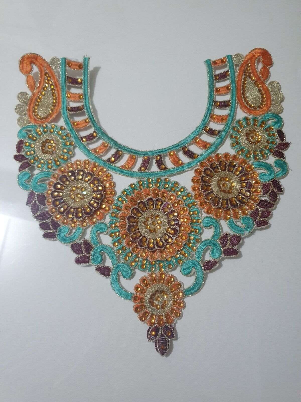 1x gold orange mint embroidered crystal applique collar/ neckline