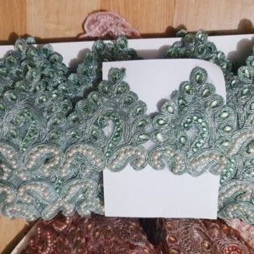 1m 8cm Metallic mint peridot green lace applique with crystals & pearls