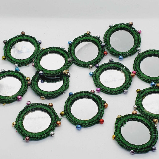 1x 3.5cm Green with beads craft shisha mirror applique