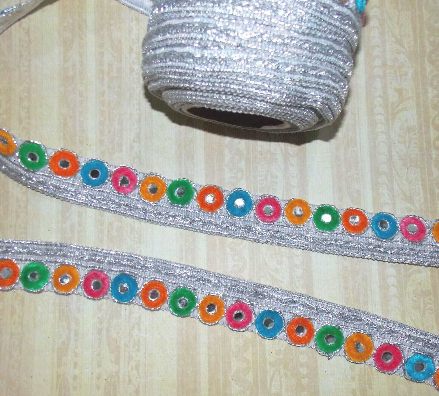 1m 35mm silver multi colour round mirror MULTI embroidered ribbon BRAID