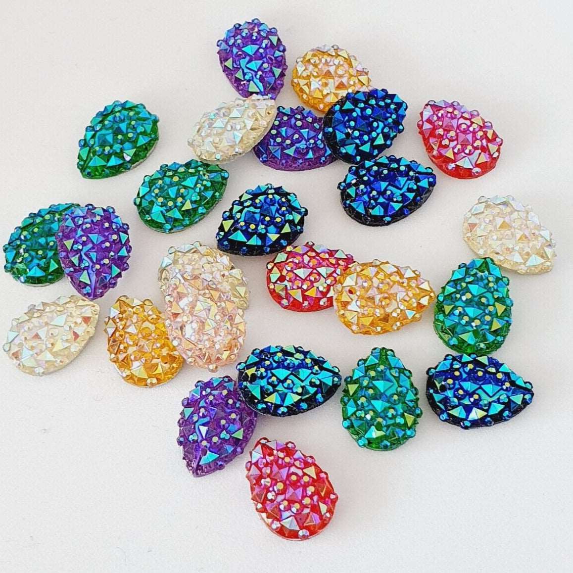 10x 14mm Multi AB textured acrylic sew on rhinestone gem pear drop