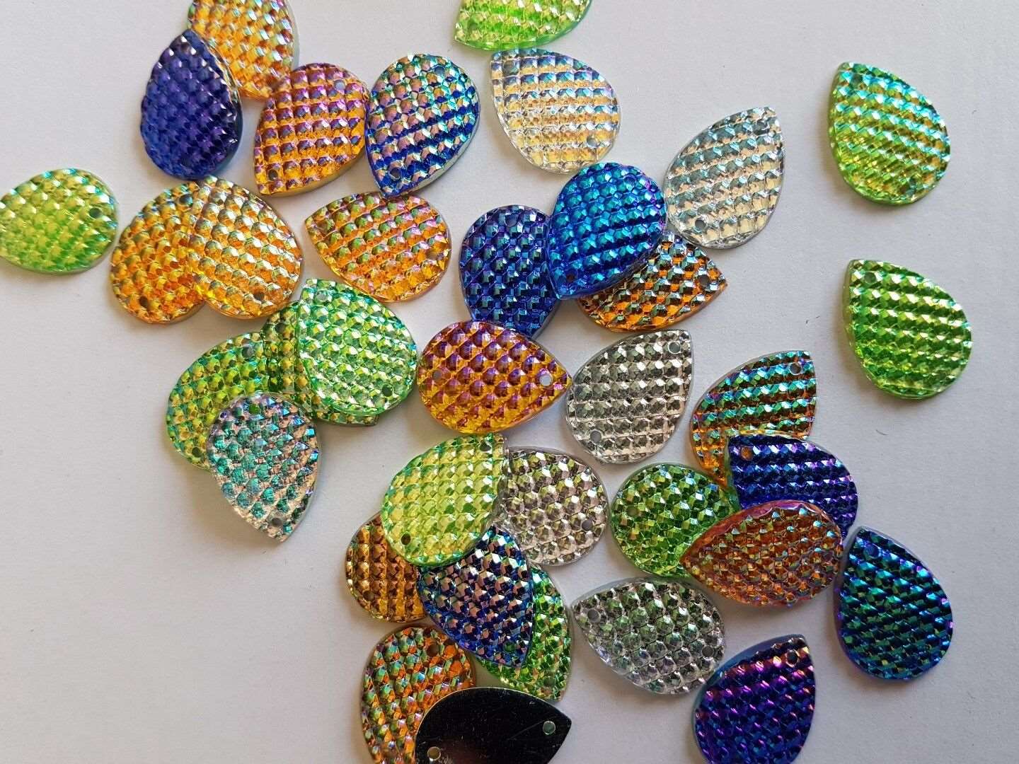 10x 18mm multi colour AB textured acrylic sew on rhinestone gem pear drop