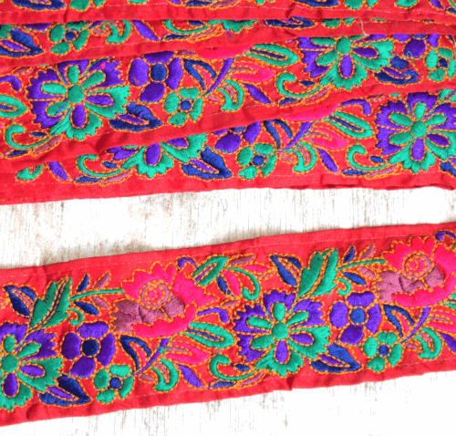 1x 6.5cm red multi colour flower indian embroidered ribbon