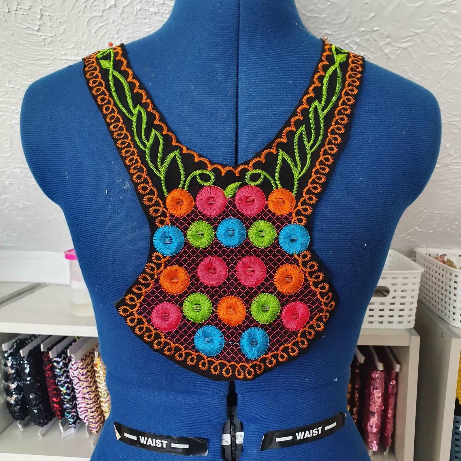 1x black neon multi embroidered folk ethnic style applique collar/ neckline