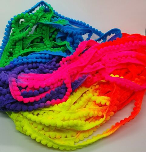 1m multi neon pearl pom pom embroidered ribbon trim 10mm