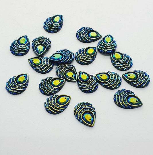 10x 18mm black AB peacock textured acrylic sew on rhinestone gem pear drop