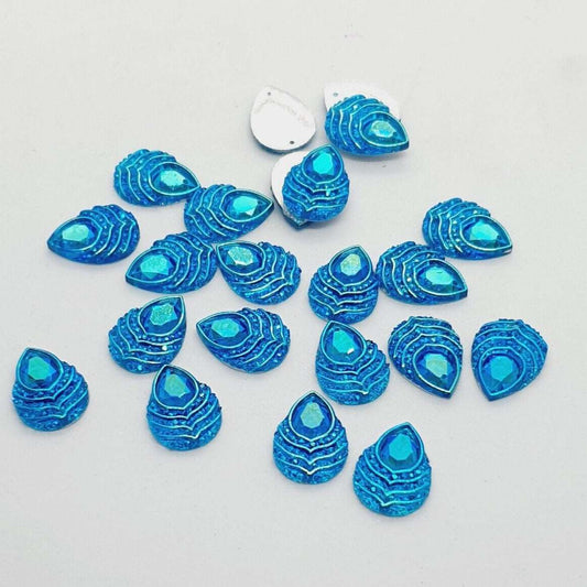 10x 18mm blue AB peacock textured acrylic sew on rhinestone gem pear drop