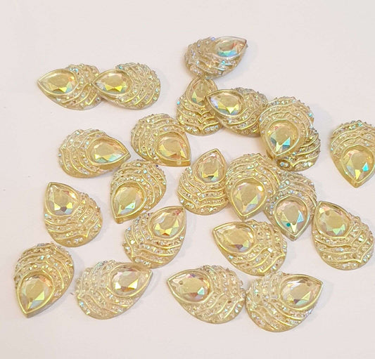 10x 18mm Clear AB peacock textured acrylic sew on rhinestone gem pear drop